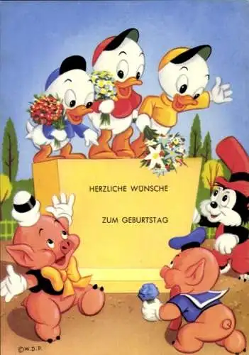 Ak Disney, Tick, Trick und Track, Schweinchen, Blumensträuße, Glückwunsch zum Geburtstag