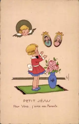 Künstler Ak Gil, Petit Jesus, j'aime mes Parents