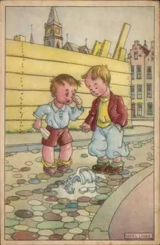 Künstler Ak Links, Karel, Zerbrochener Krug, weinender Junge