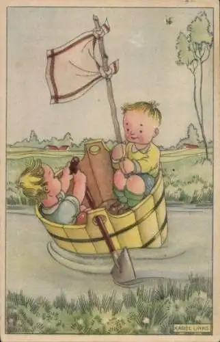 Künstler Ak Links, Karel, Kinder in einem Fass als Boot