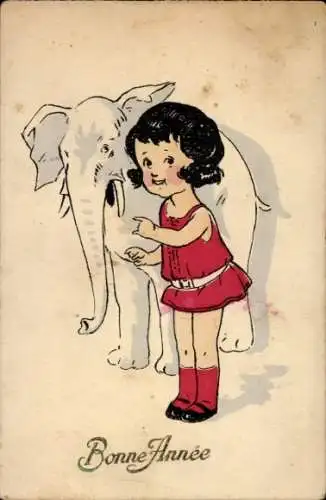 Ak Glückwunsch Neujahr, Mädchen mit einem Elefant