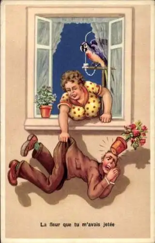 Künstler Ak Wills, John ?, Frau lässt Mann aus dem Fenster hängen, Blumentopf, Papagei