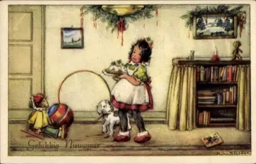 Künstler Ak Bleeker, R., Glückwunsch Neujahr, Mädchen, Spielzeuge, Hula-Hoop, Puppe, Kuchen