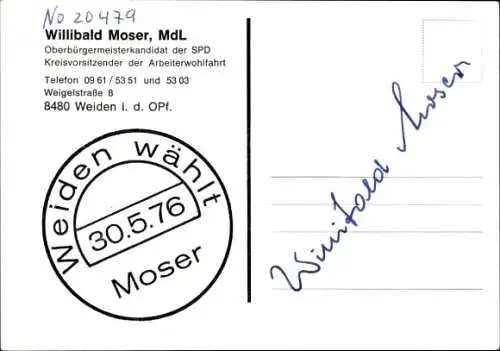 Ak Politiker Willibald Moser, SPD, Autogramm