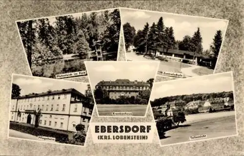 Ak Schönbrunn Ebersdorf in Thüringen, Teilansicht, Pflegeheim, Pfotenteich, Zentralschule