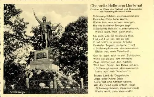 Ak Schleswig an der Schlei, Chemnitz Bellmann Denkmal, Schleswig-Holstein-Lied