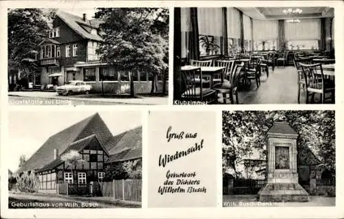 Ak Wiedensahl Niedersachsen, Gaststätte zur Linde, Clubzimmer, Geburtshaus u. Wilhelm Busch Denkmal