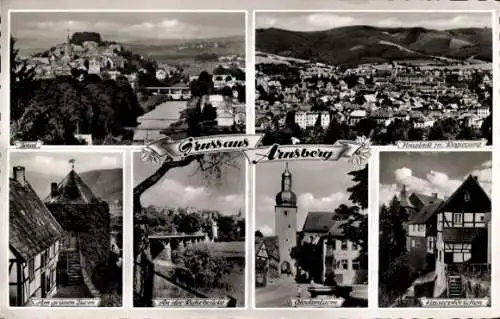 Ak Arnsberg im Sauerland Westfalen, Gesamtansicht, Glockenturm, Kaiserpförtchen, Ruhrbrücke