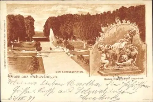 Ak Schwetzingen in Baden, Schlossgarten, Teilansicht, Fontäne, Bachus-Kinder, Ziegenbock