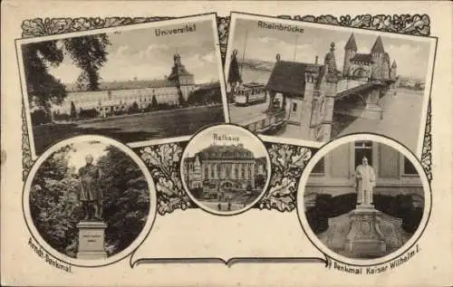Ak Bonn am Rhein, Rathaus, Universität, Rheinbrücke, Arndt-Denkmal, Denkmal Kaiser Wilhelm I.