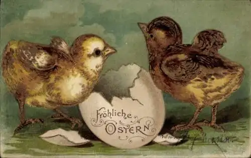 Präge Litho Glückwunsch Ostern, Küken, Eierschale