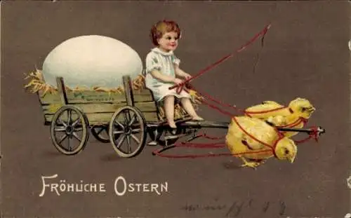 Präge Ak Glückwunsch Ostern, Küken, Fuhrwerk, Osterei