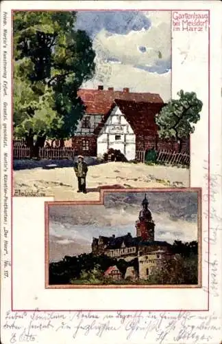 Künstler Ak Bahndorf, Heribert, Meisdorf Falkenstein Harz, Gartenhaus, Burg Falkenstein