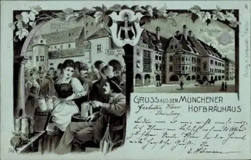 Mondschein Litho München, Arkadenhof im Hofbräuhaus, Arkadenhof, Kindl