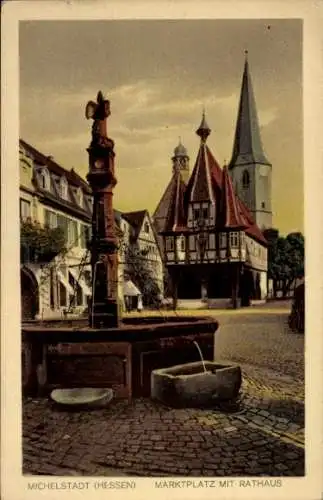 Ak Michelstadt im Odenwald, Marktplatz, Rathaus, Brunnen, Kirchturm