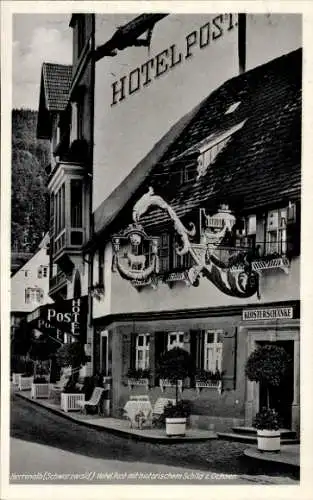 Ak Bad Herrenalb Schwarzwald, Hotel Post mit historischem Schild zum Ochsen