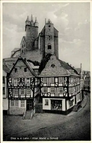 Ak Diez an der Lahn, Alter Markt, Schloss, Fachwerkhaus