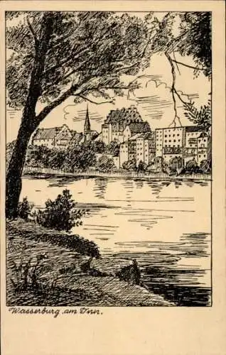 Künstler Ak Wasserburg am Inn in Oberbayern, Stadt vom Ufer aus gesehen