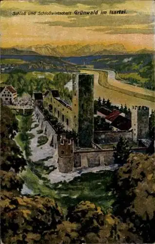 Ak Grünwald im Isartal Oberbayern, Schloss und Schlosswirtschaft