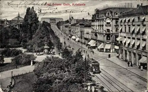 Ak Kristiania Christiania Oslo Norwegen, Carl Johans Gade, Grand Hotel