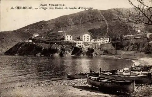 Ak Cerbere Pyrénées Orientales, Plage des Bains, Route d'Espagne