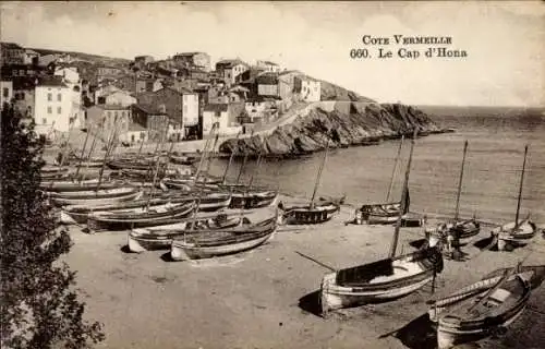 Ak Banyuls sur Mer Pyrénées-Orientales, Côte Vermeille, Cap d’Hona, Strand, Boote