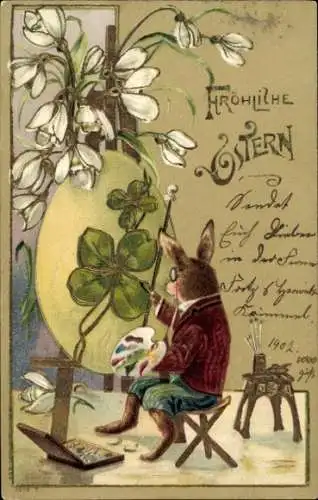 Präge Litho Glückwunsch Ostern, Osterhase malt Glücksklee, Ostereier, Blumen, Maler