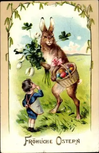 Ak Glückwunsch Ostern, Osterhase, Kind, Glücksklee, Ostereier