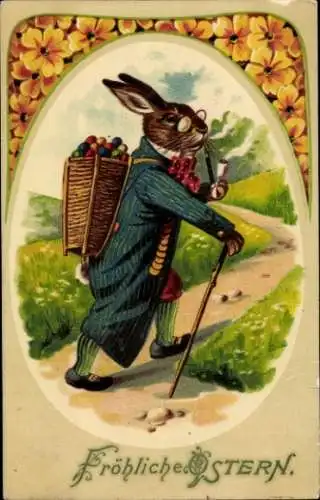 Ak Glückwunsch Ostern, Osterhase, Pfeife, Ostereier, Blumen