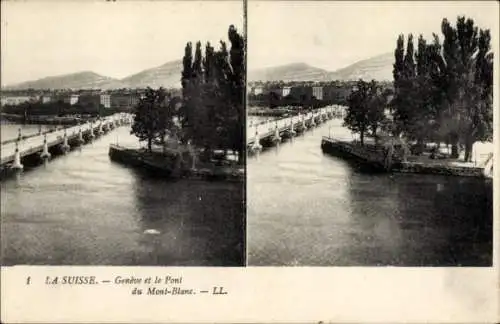 Stereo Ak Genf in der Schweiz, Brücke, Mont Blanc