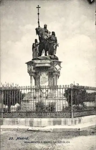 Ak Madrid Spanien, Denkmal für Isabel la Católica, Gesamtansicht, Zaun