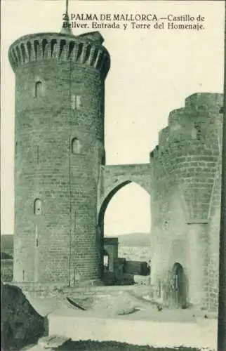 AK Palma de Mallorca Balearen, Schloss Bellver, Eingang und Turm von Homenaje