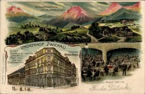 Litho Zwickau in Sachsen, Etablissement Lindenhof, Bes. Bruno Beyer, Blaue Grotte, Alpenpanorama