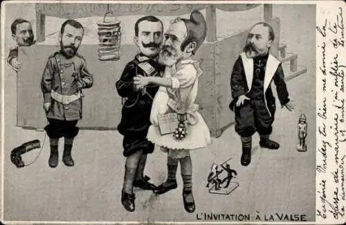 Ak L'Invitation à la Valse, Emile Loubet, Viktor Emanuel III., Eduard VII., Zar Nikolaus II., Kaiser