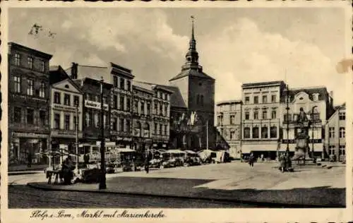 Ak Słupsk Stolp Pommern, Markt, Marienkirche, Denkmal, Geschäfte