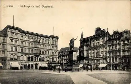 Ak Wrocław Breslau Schlesien, Blücherplatz, Denkmal, Geschäftshäuser