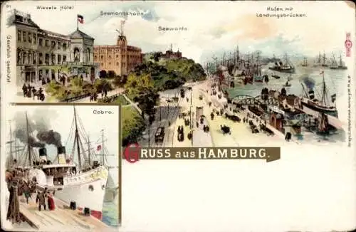 Litho Hamburg, Hafen und Landungsbrücken, Wiezels Hotel, Seemannshaus, Seewarte, Dampfer Cobra