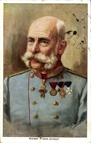 Künstler Ak Hornert, G., Kaiser Franz Joseph I., Portrait in Uniform, Orden