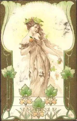 Jugendstil Präge Litho Dame mit Apfel in der Hand