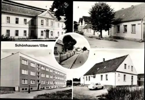 Ak Schönhausen an der Elbe, Hans Beimler Oberschule, Fontanestraße, Gartenstraße, Raststätte Elbaue