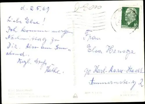 Ak Karl Marx Stadt Chemnitz in Sachsen, Blick zur Hauptpost