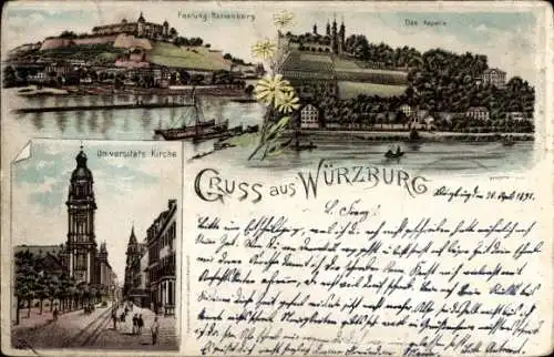 Litho Würzburg am Main Unterfranken, Festung Marienberg, Kapelle, Universitäts-Kirche