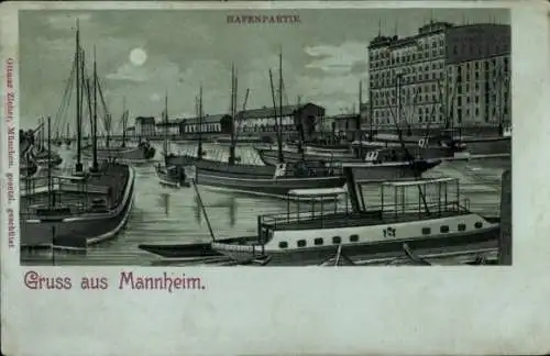 Mondschein Litho Mannheim in Baden, Hafen, Boote