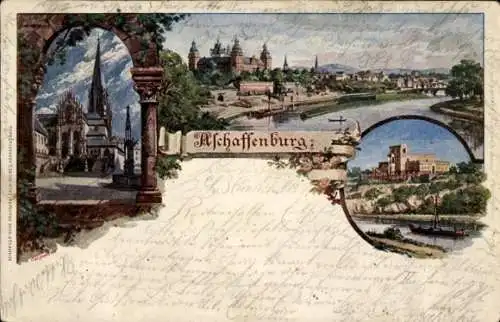 Litho Aschaffenburg in Unterfranken Bayern, Kirche, Gesamtansicht