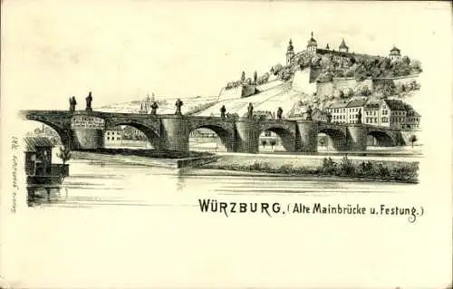 Litho Würzburg am Main Unterfranken, Alte Mainbrücke, Festung