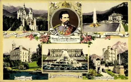 Ak Ludwig II. König von Bayern, Schlösser, Neuschwanstein, Linderhof, Herrenchiemsee, Hohenschwangau