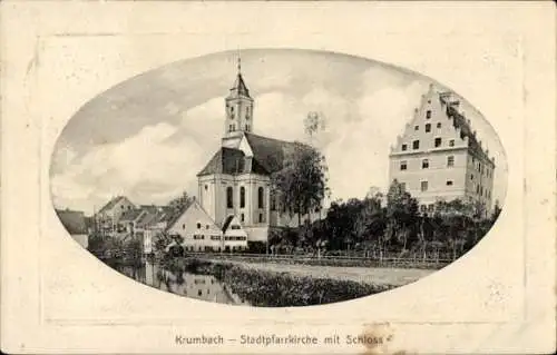 Präge Ak Krumbach Schwaben, Stadtpfarrkirche, Schloss