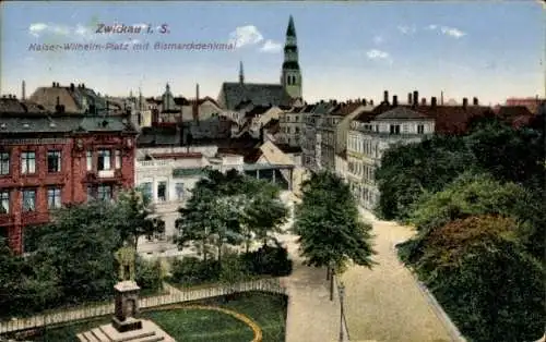 Ak Zwickau in Sachsen, Kaiser-Wilhelm-Platz, Bismarckdenkmal