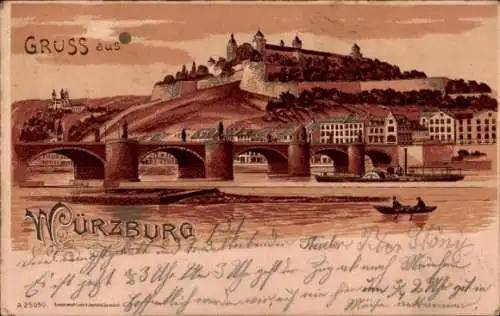 Mondschein Litho Würzburg am Main Unterfranken, Gesamtansicht