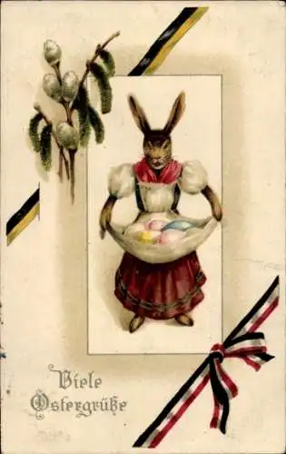 Ak Glückwunsch Ostern, Osterhase, Weidenkätzchen, Fahnen